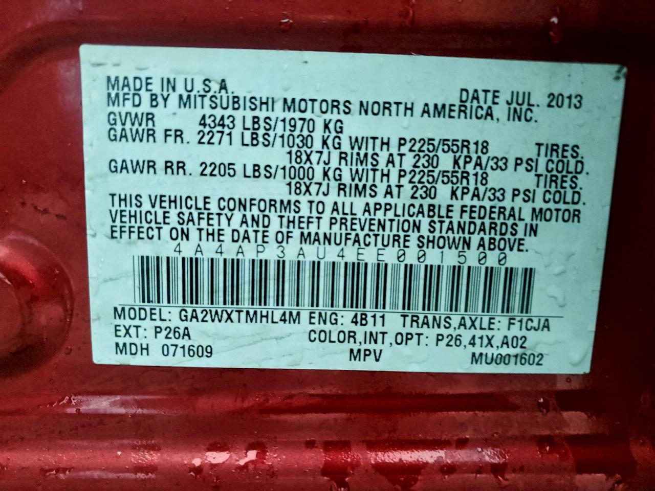 2014 Mitsubishi Outlander Sport Es VIN: 4A4AP3AU4EE001500 Lot: 93082775