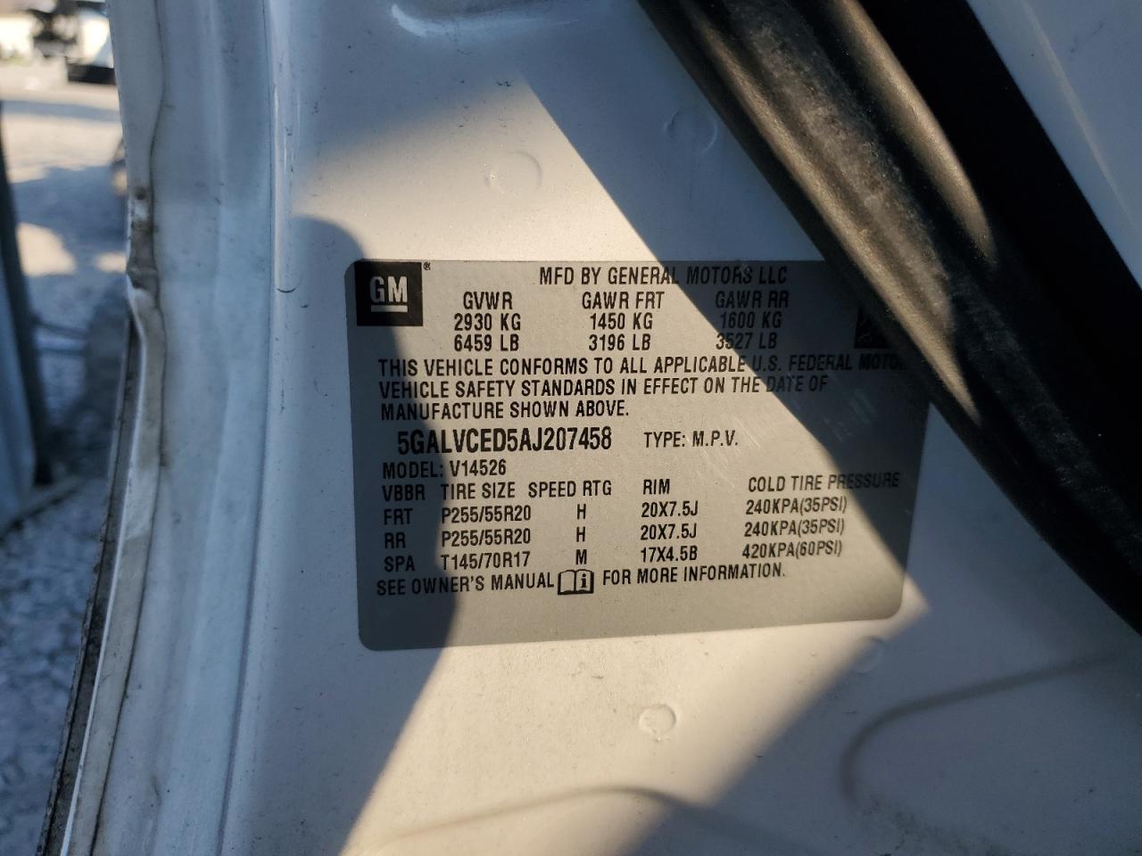 2010 Buick Enclave Cxl VIN: 5GALVCED5AJ207458 Lot: 93737055