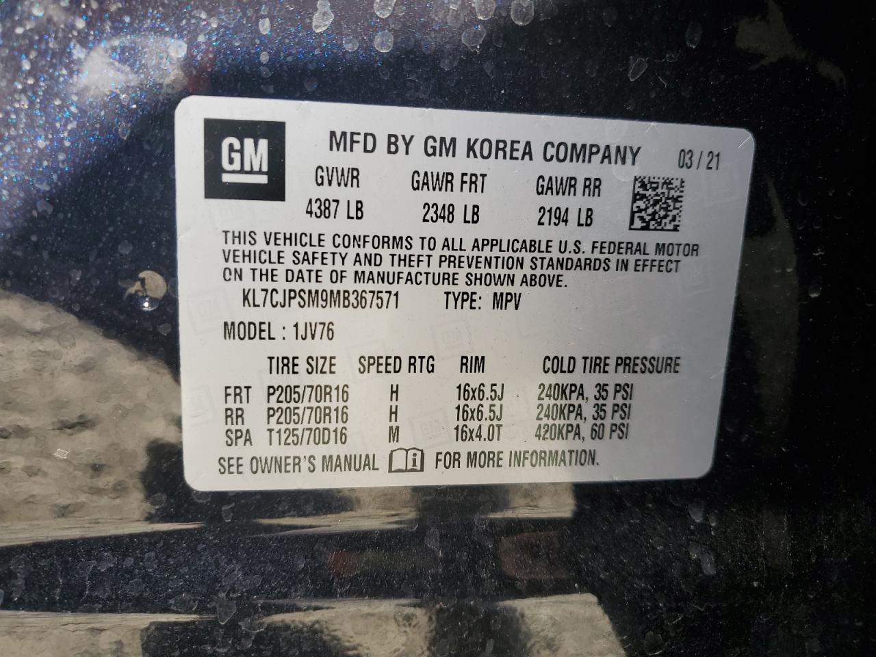 2021 Chevrolet Trax 1Lt VIN: KL7CJPSM9MB367571 Lot: 92238485