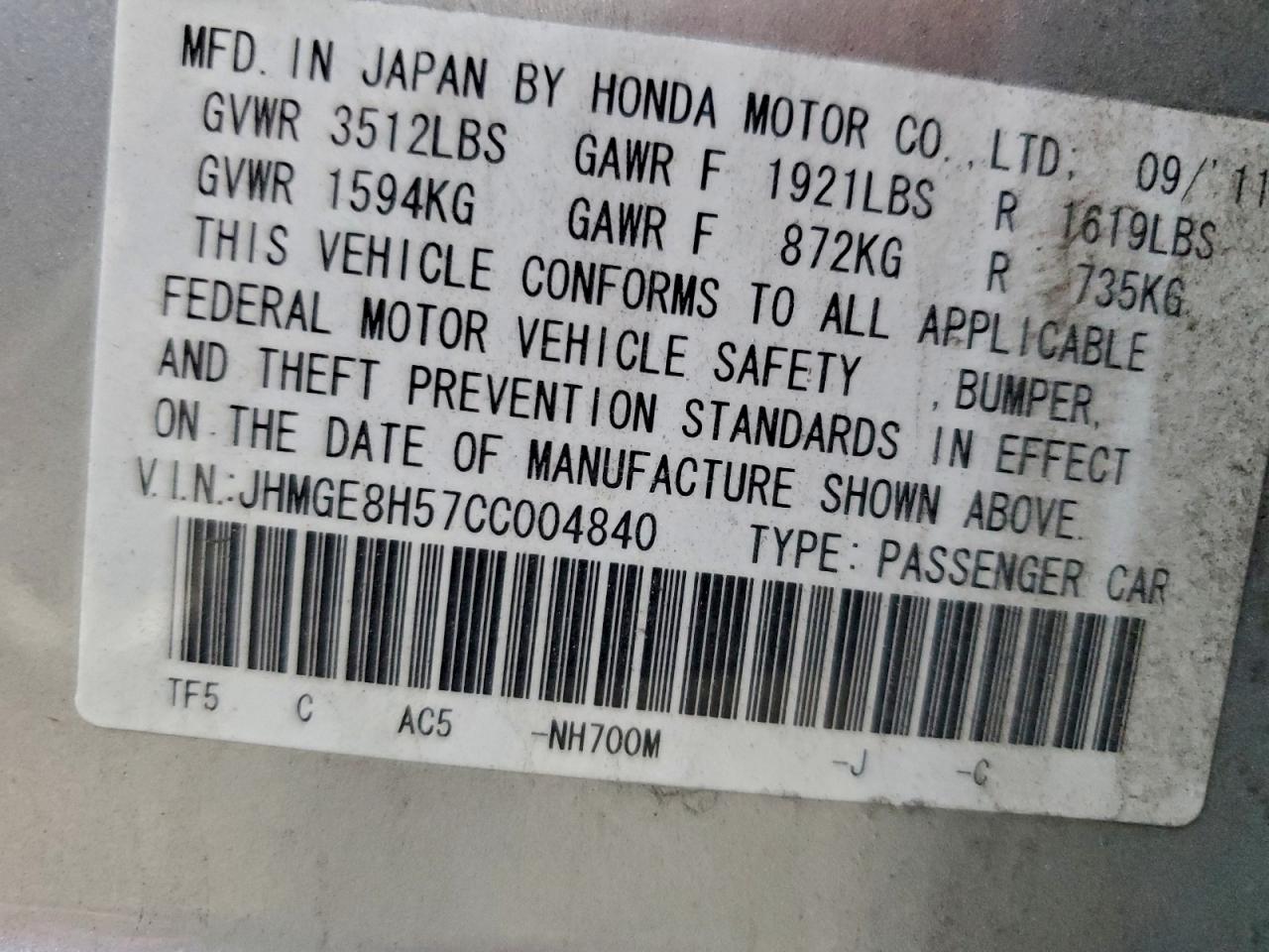 2012 Honda Fit Sport VIN: JHMGE8H57CC004840 Lot: 94002305