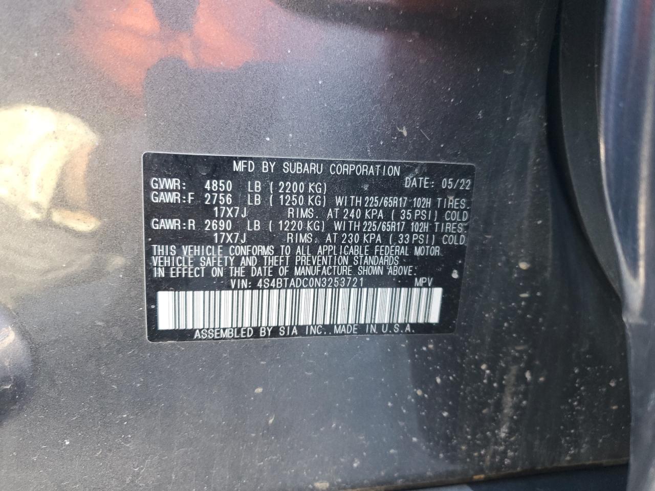 2022 Subaru Outback Premium VIN: 4S4BTADC0N3253721 Lot: 93098585