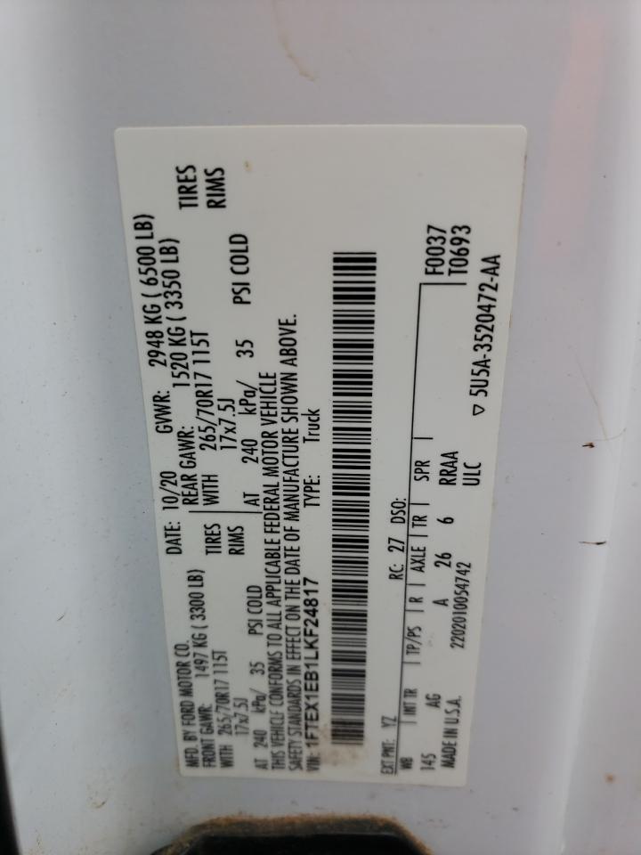 2020 Ford F150 Super Cab VIN: 1FTEX1EB1LKF24817 Lot: 91016905