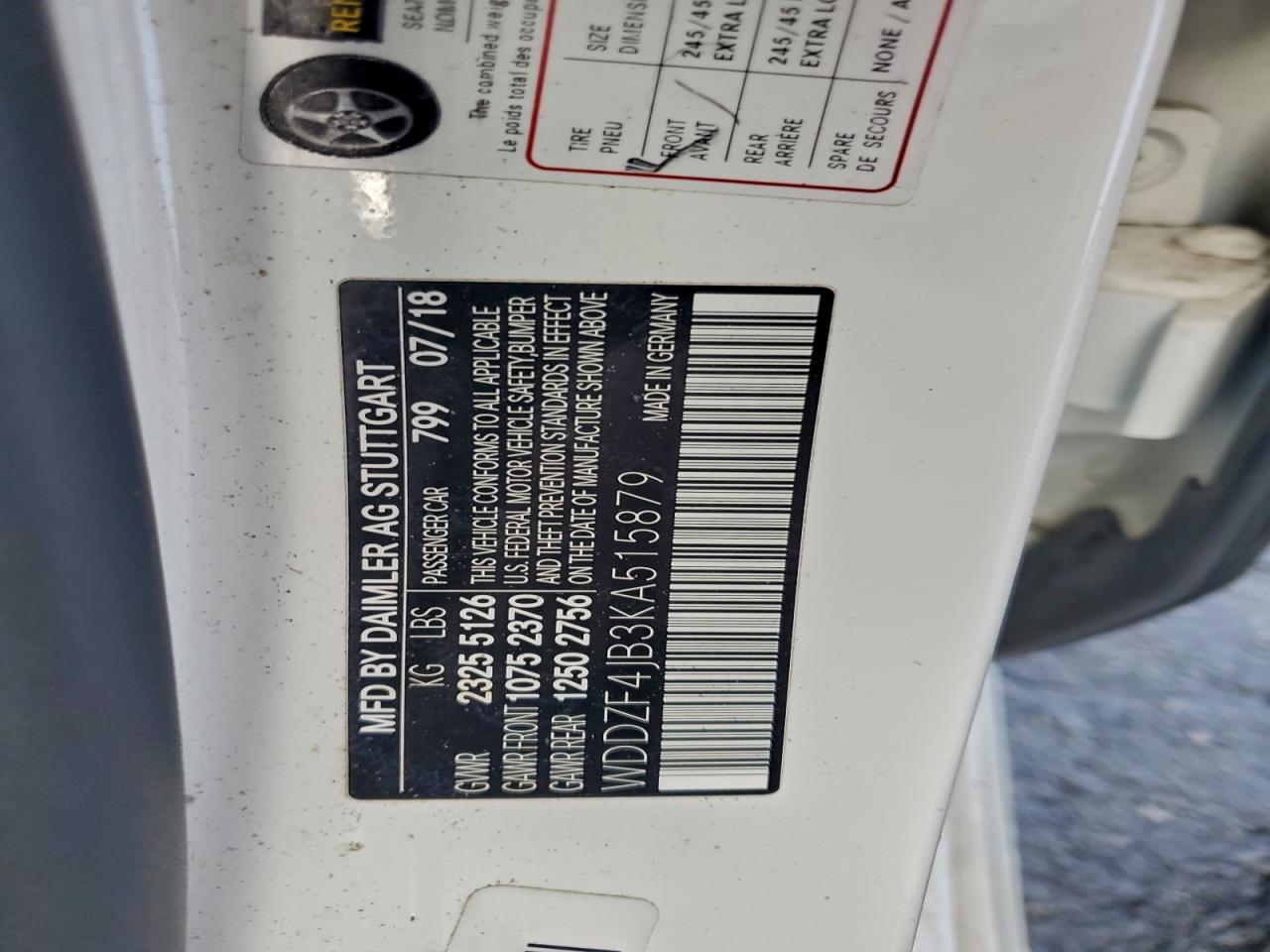 2019 Mercedes-Benz E 300 VIN: WDDZF4JB3KA515879 Lot: 94053985