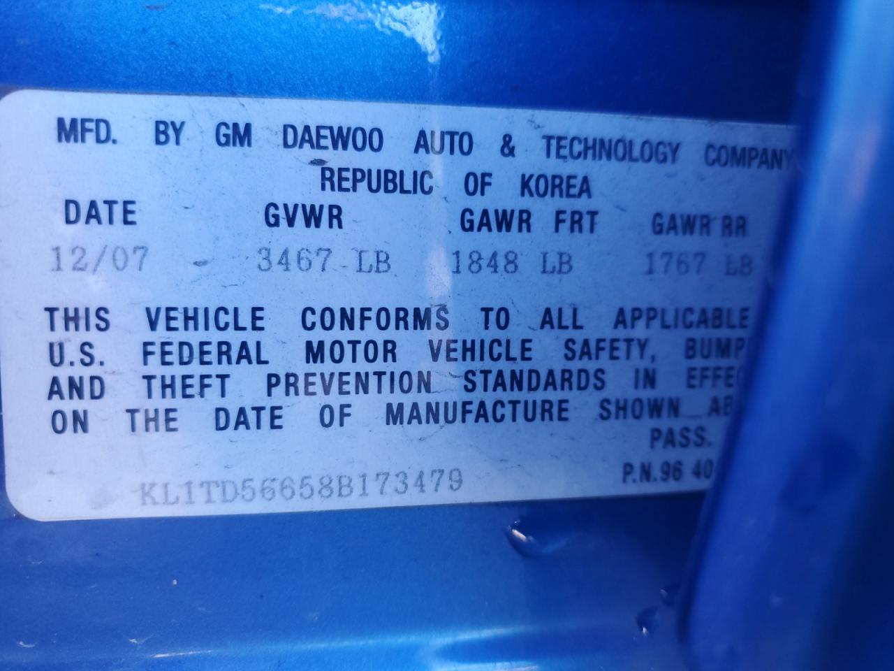 2008 Chevrolet Aveo Base VIN: KL1TD56658B173479 Lot: 93250055