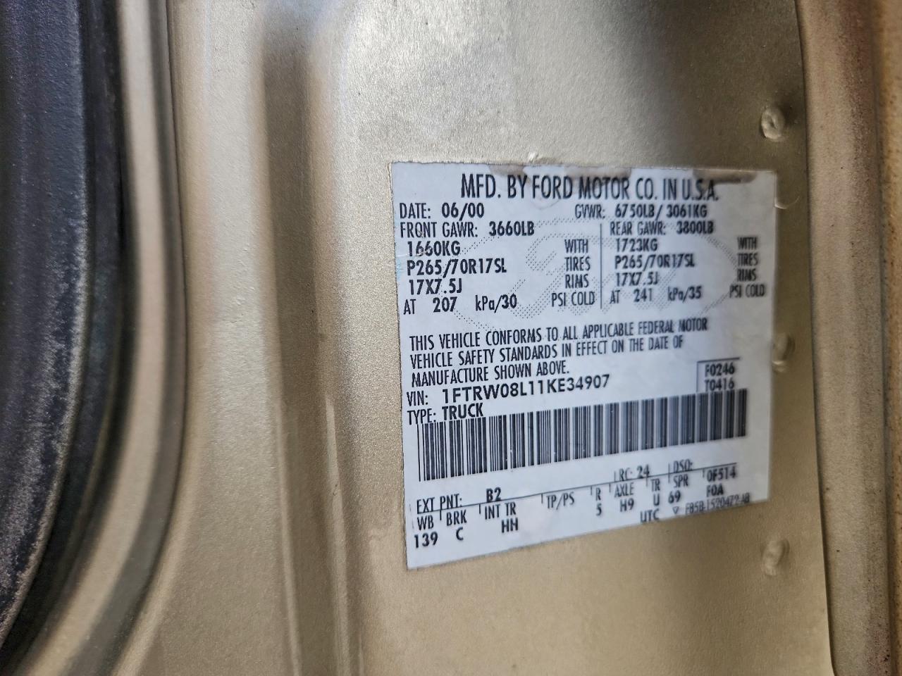 2001 Ford F150 Supercrew VIN: 1FTRW08L11KE34907 Lot: 93760865