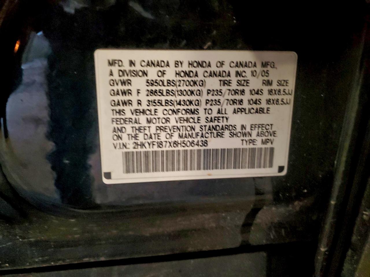 2006 Honda Pilot Ex VIN: 2HKYF187X6H506438 Lot: 93358365