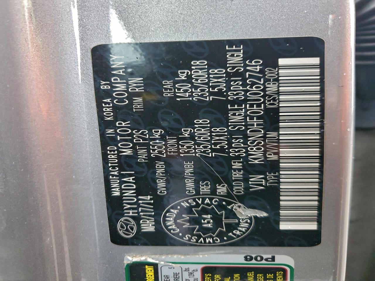 2014 Hyundai Santa Fe Gls VIN: KM8SNDHF0EU062746 Lot: 94878585