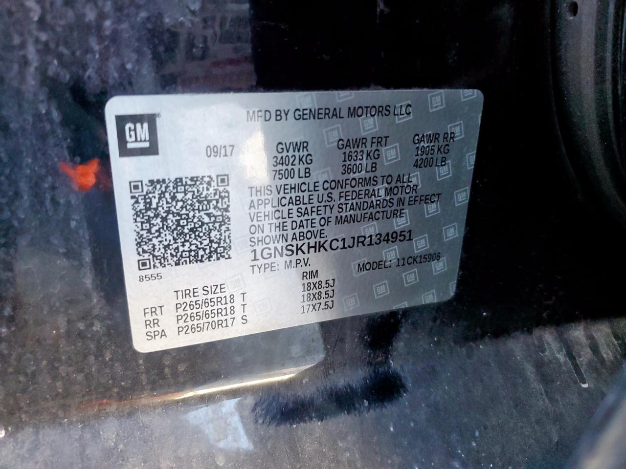 2018 Chevrolet Suburban K1500 Lt VIN: 1GNSKHKC1JR134951 Lot: 92534735