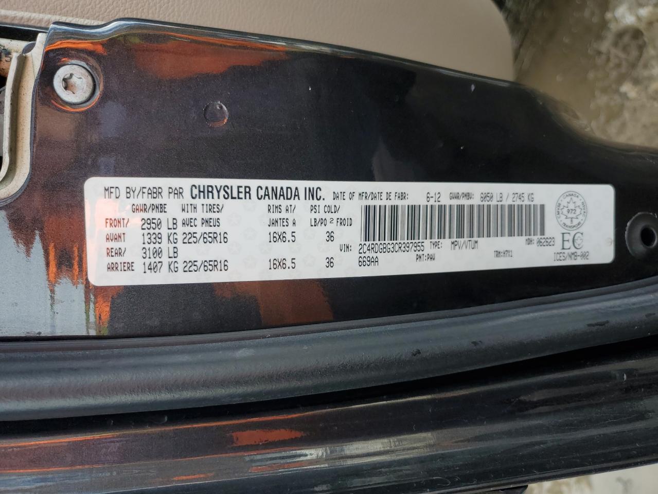 2012 Dodge Grand Caravan Se VIN: 2C4RDGBG3CR397955 Lot: 93327705