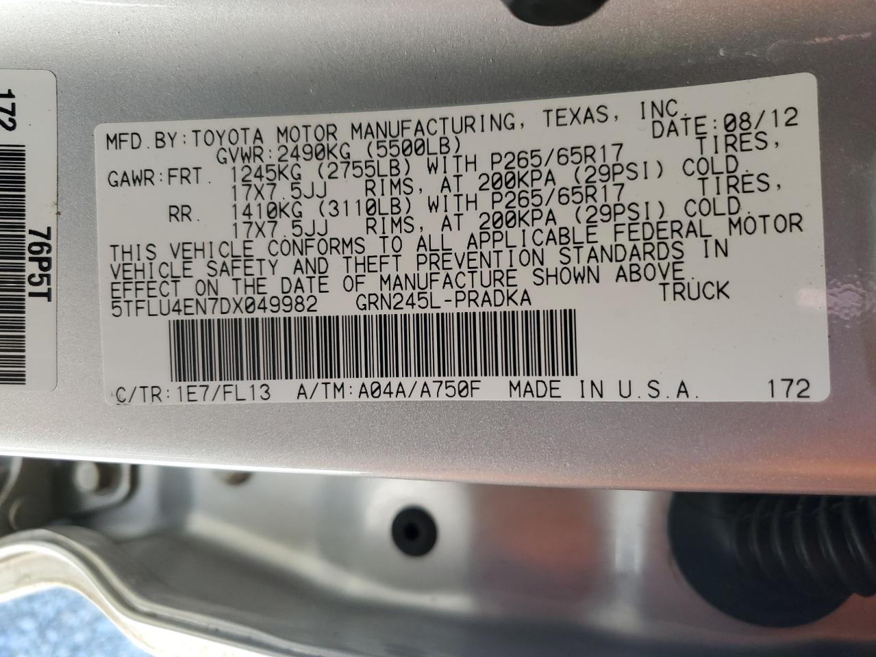 2013 Toyota Tacoma Double Cab VIN: 5TFLU4EN7DX049982 Lot: 93004795