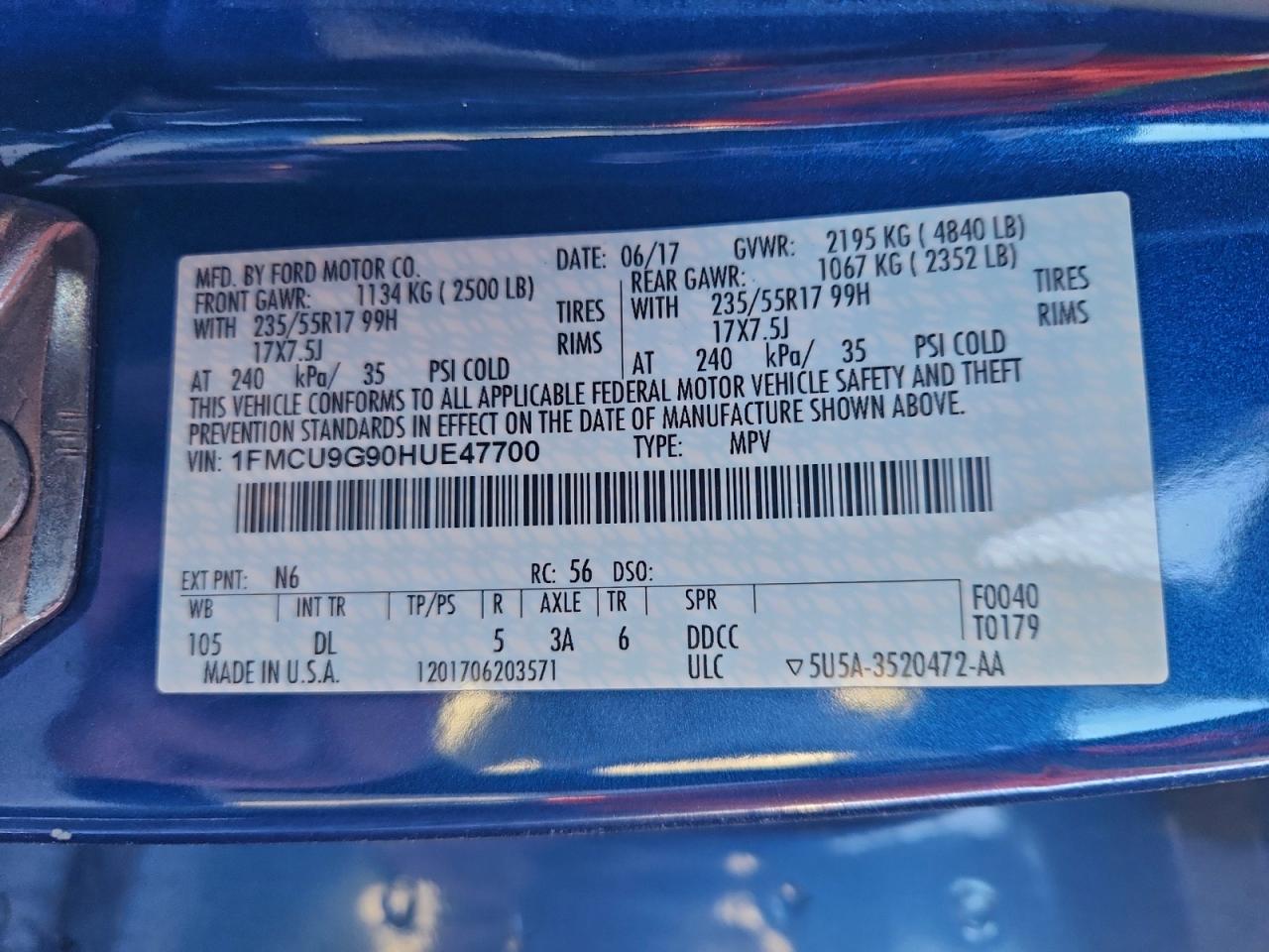 2017 Ford Escape Se VIN: 1FMCU9G90HUE47700 Lot: 93976655