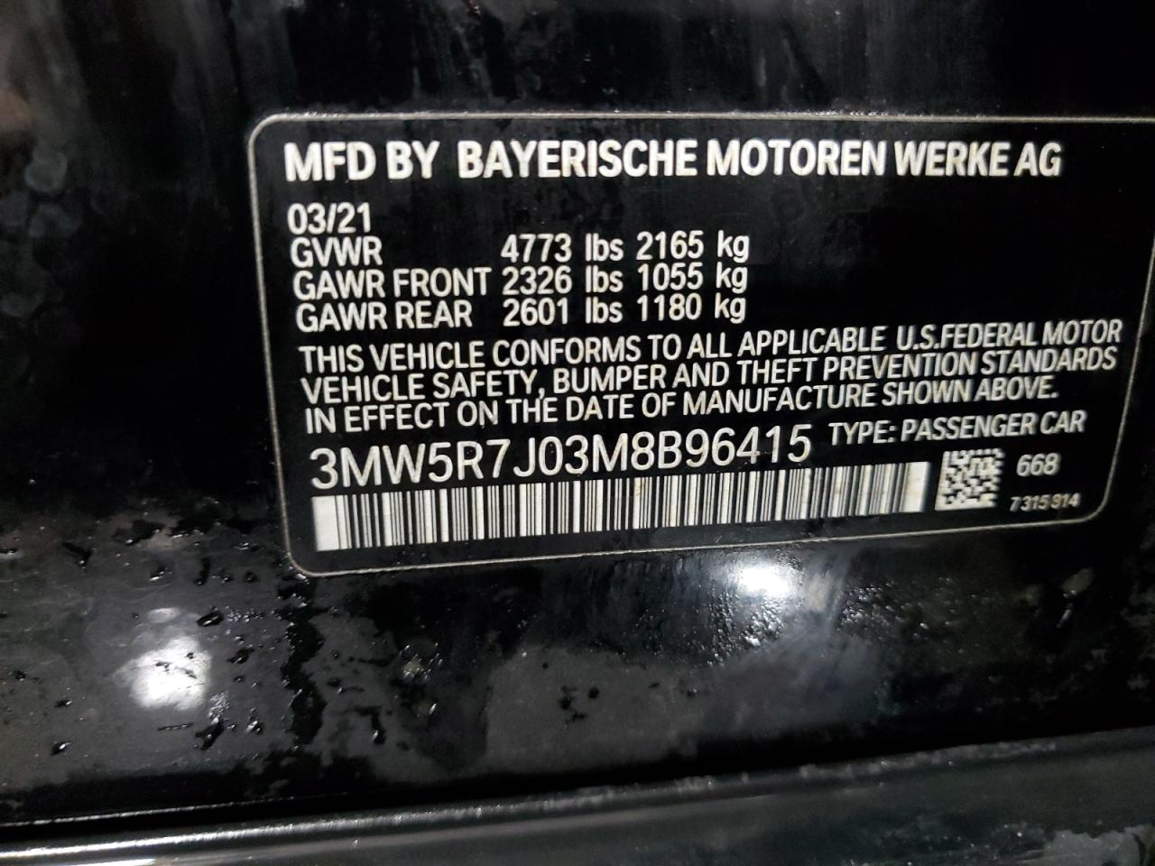 2021 BMW 330Xi VIN: 3MW5R7J03M8B96415 Lot: 85205335