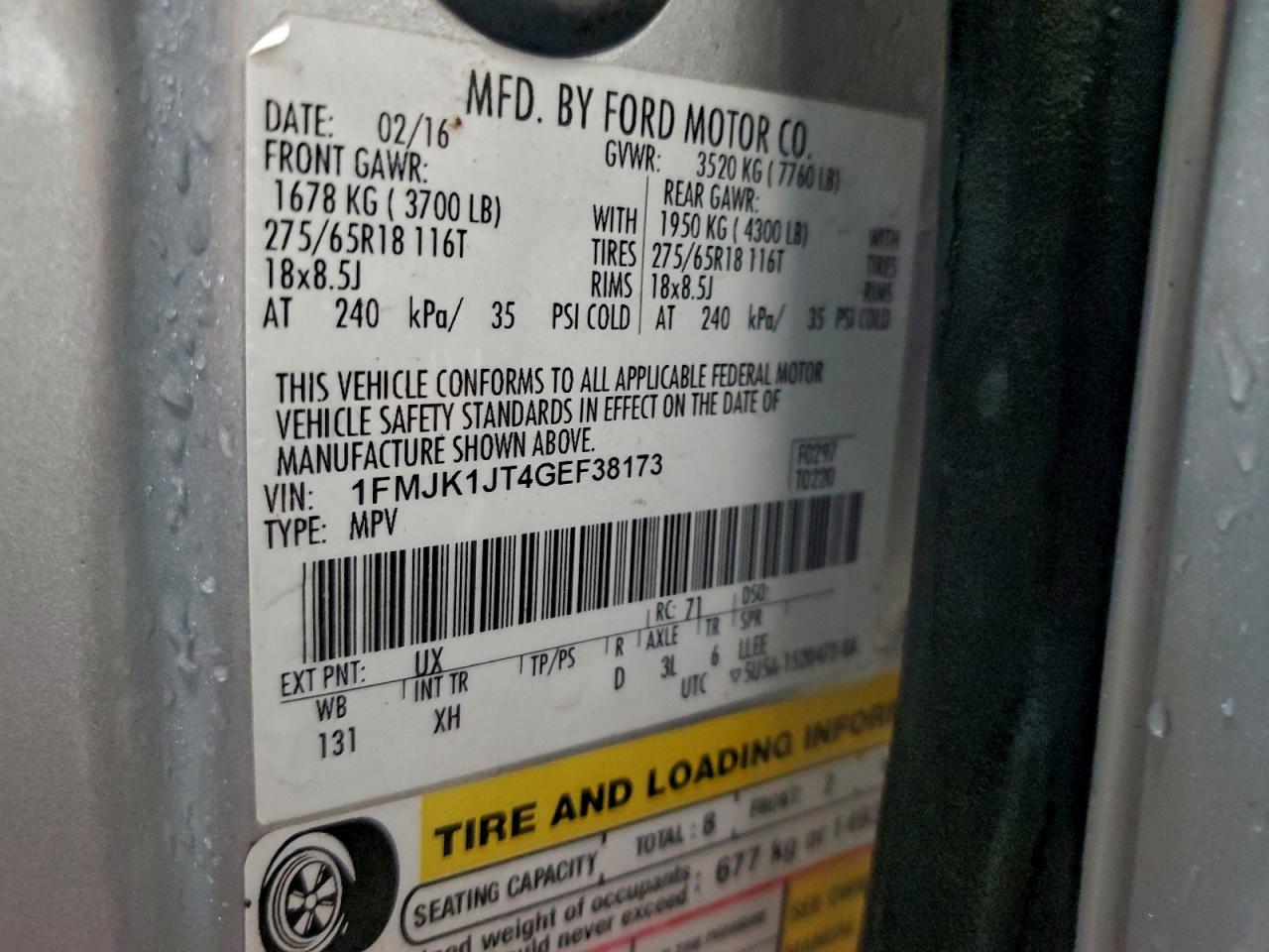 2016 Ford Expedition El Xlt VIN: 1FMJK1JT4GEF38173 Lot: 94514835