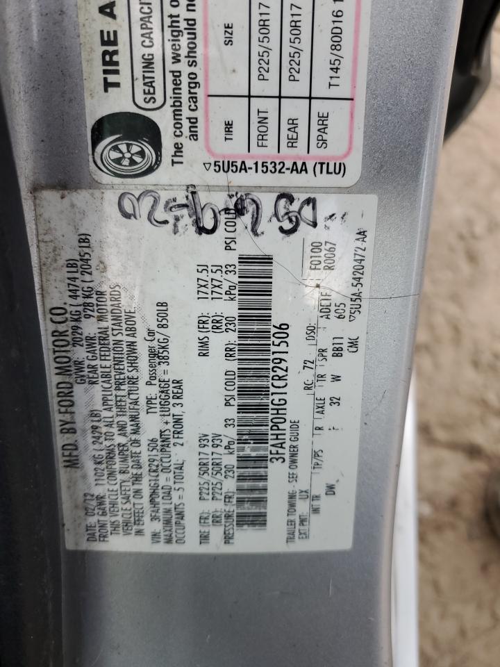 2012 Ford Fusion Se VIN: 3FAHP0HG1CR291506 Lot: 93182275