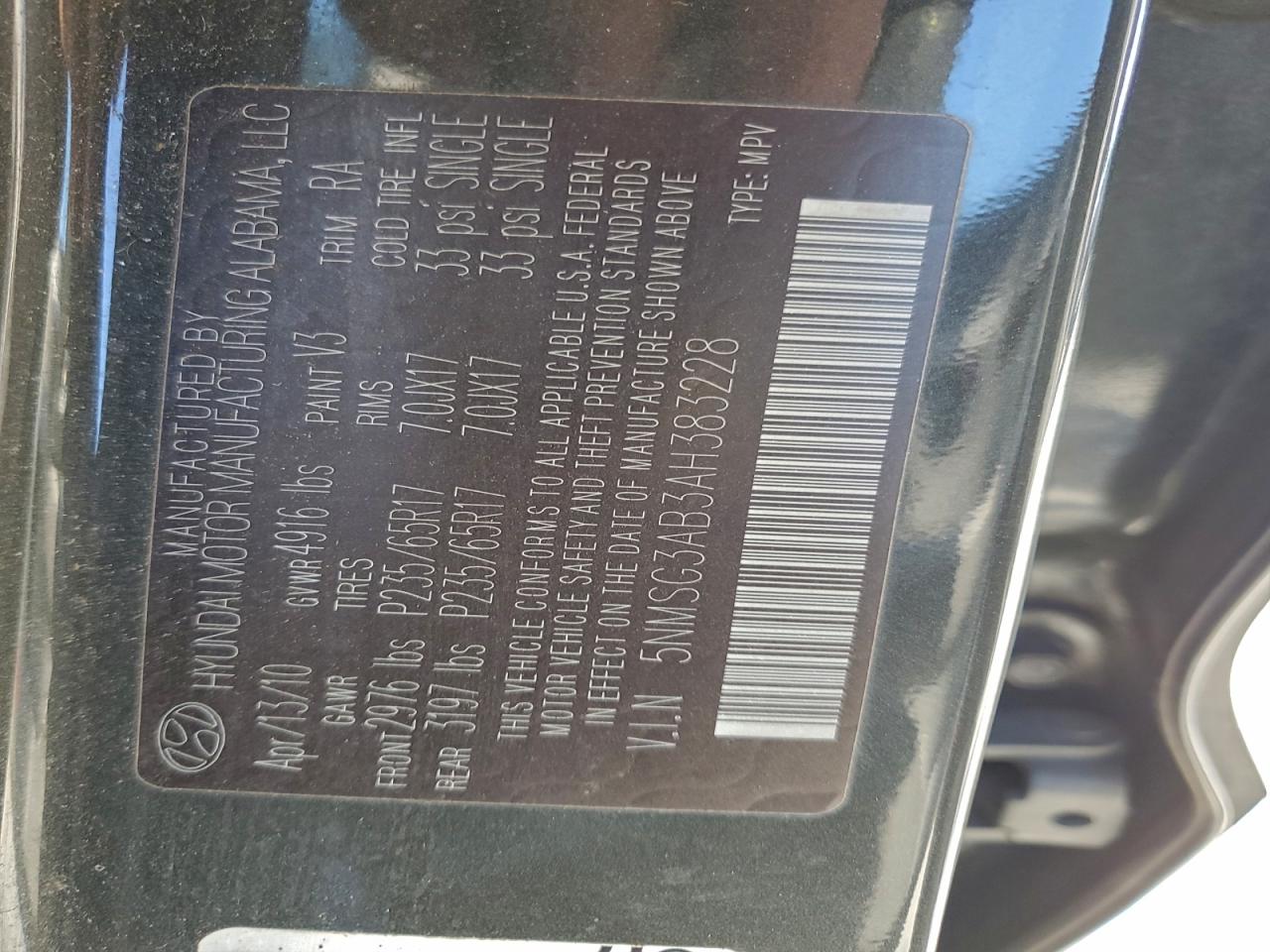 2010 Hyundai Santa Fe Gls VIN: 5NMSG3AB3AH383228 Lot: 94759125