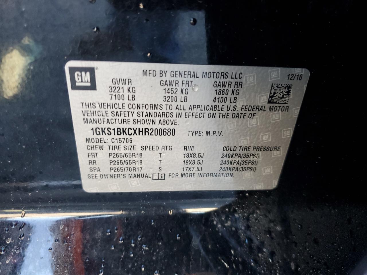 2017 GMC Yukon Slt VIN: 1GKS1BKCXHR200680 Lot: 92418115