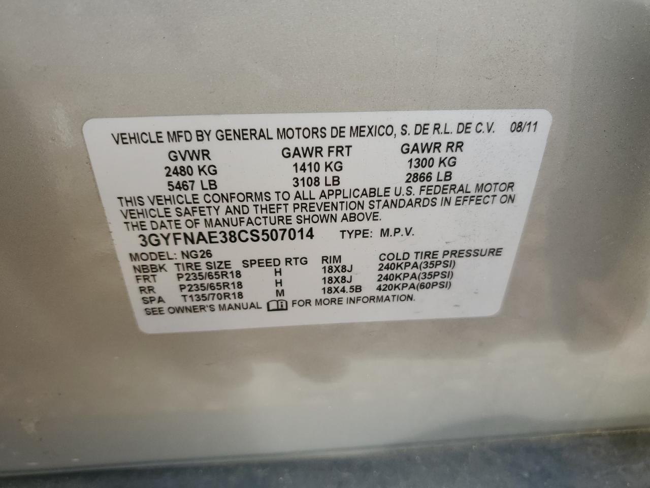 2012 Cadillac Srx Luxury Collection VIN: 3GYFNAE38CS507014 Lot: 93243905