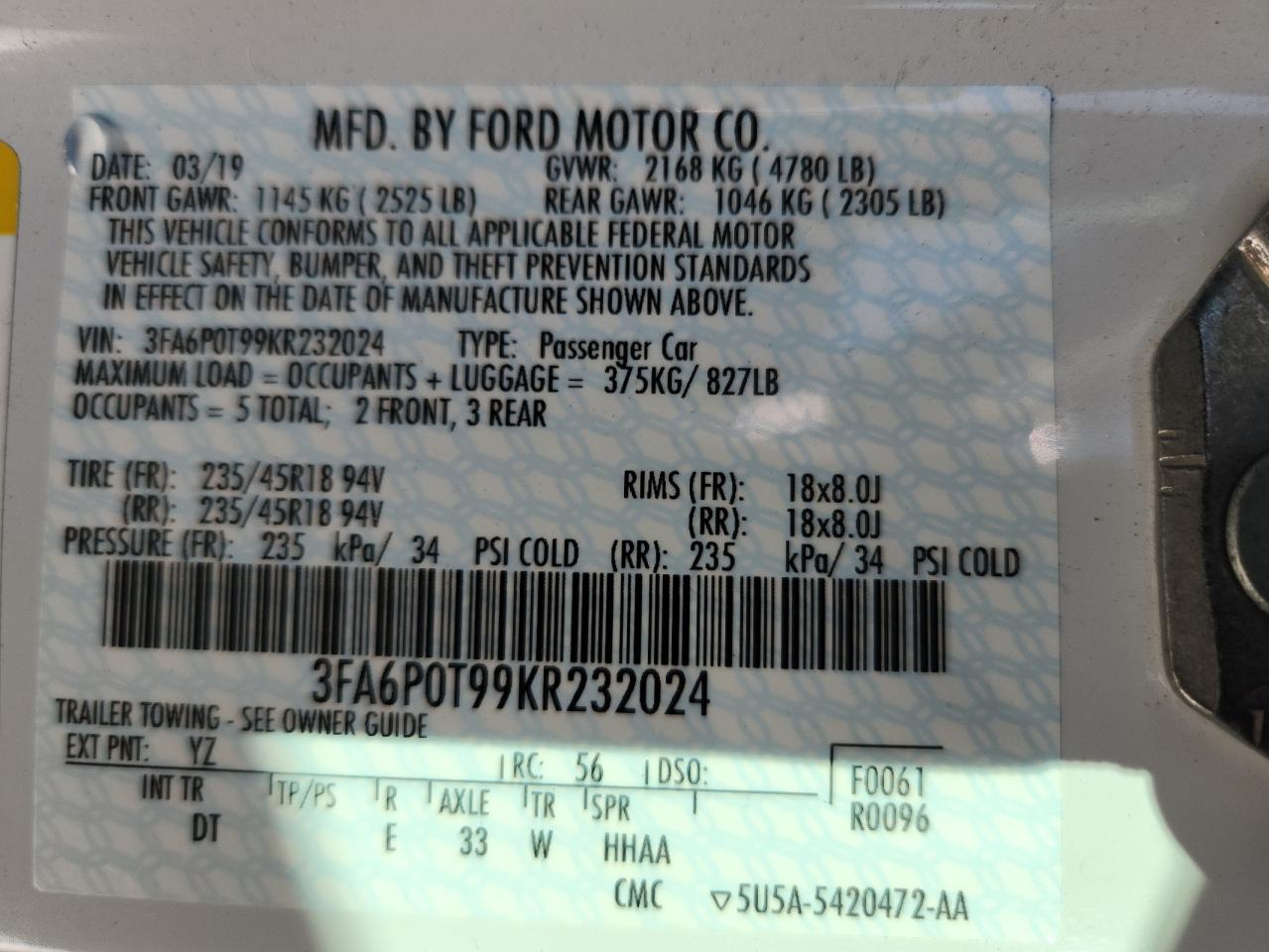 2019 Ford Fusion Se VIN: 3FA6P0T99KR232024 Lot: 92311655