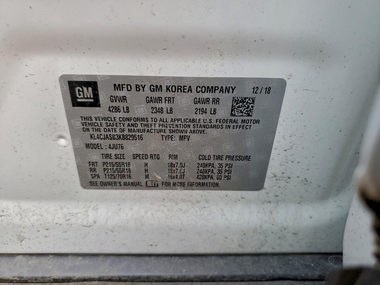 2019 Buick Encore Preferred VIN: KL4CJASB3KB829516 Lot: 93020715