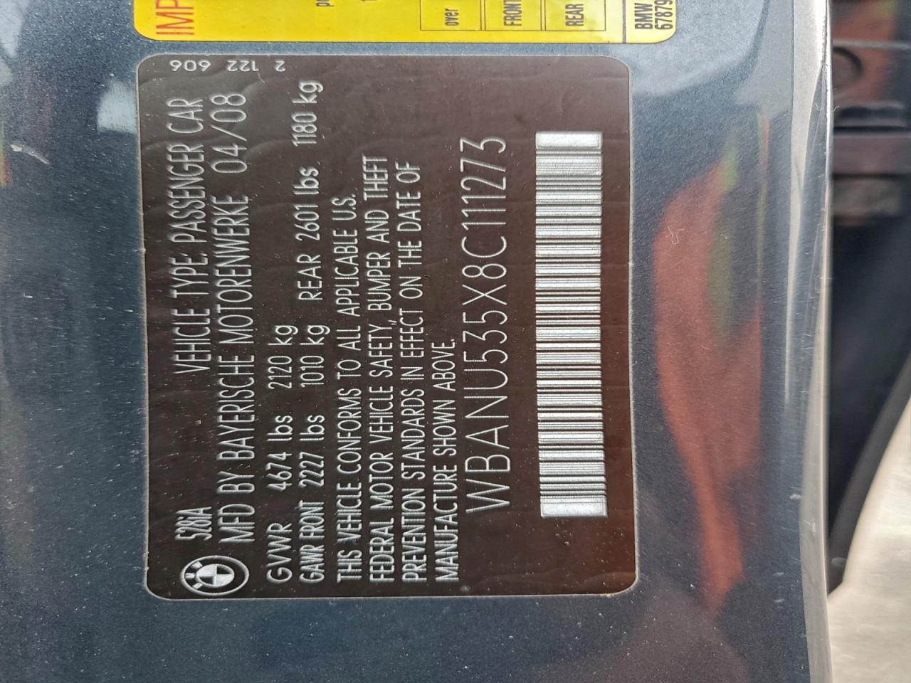 2008 BMW 528 I VIN: WBANU535X8C111273 Lot: 94215965