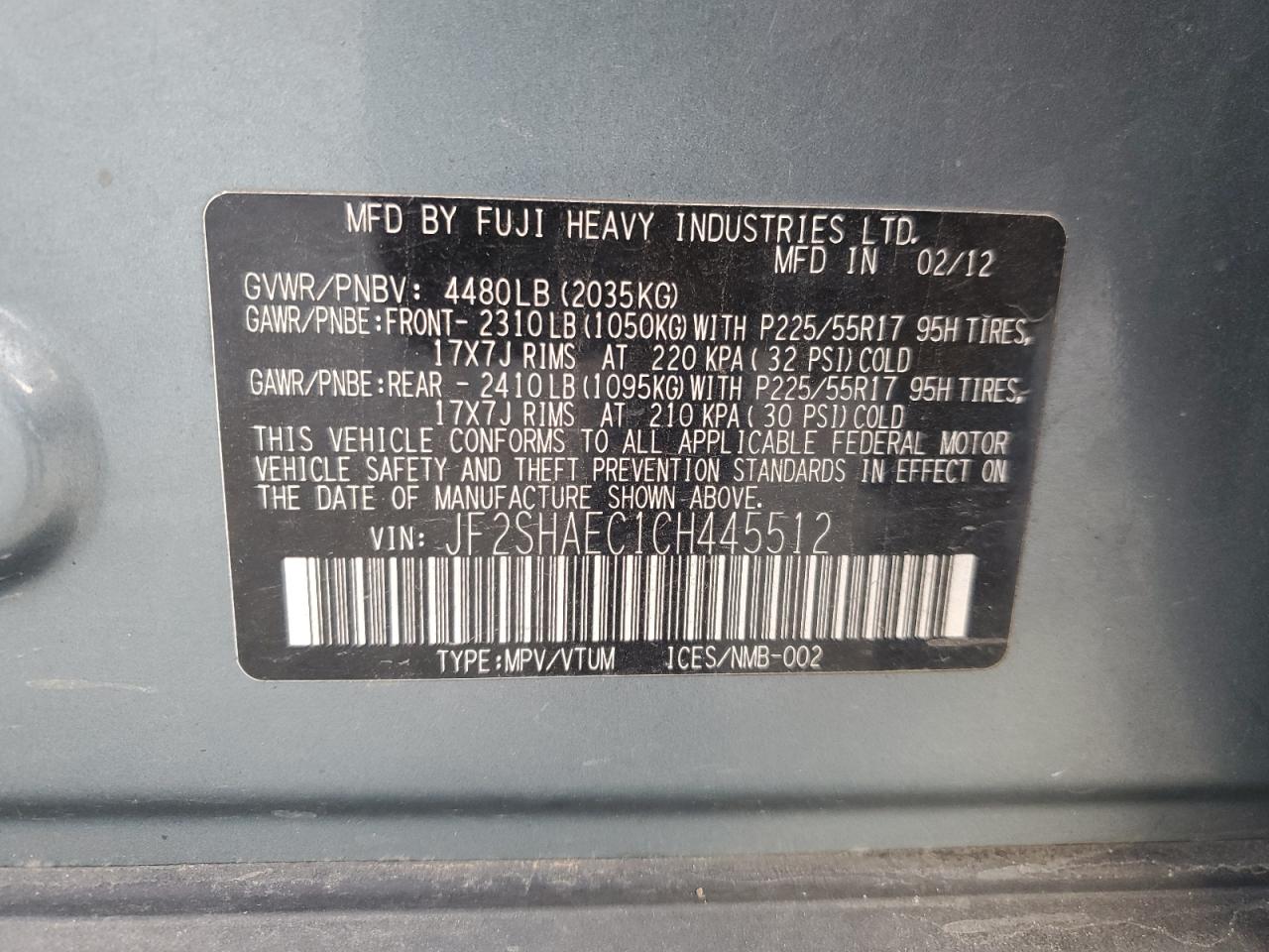 2012 Subaru Forester Limited VIN: JF2SHAEC1CH445512 Lot: 92912245