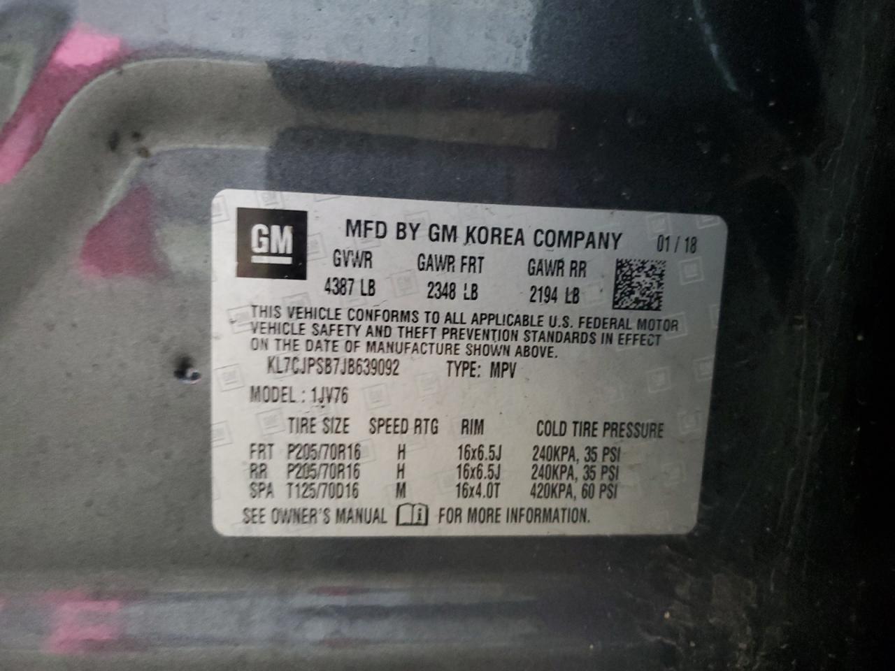 2018 Chevrolet Trax 1Lt VIN: KL7CJPSB7JB639092 Lot: 90892255