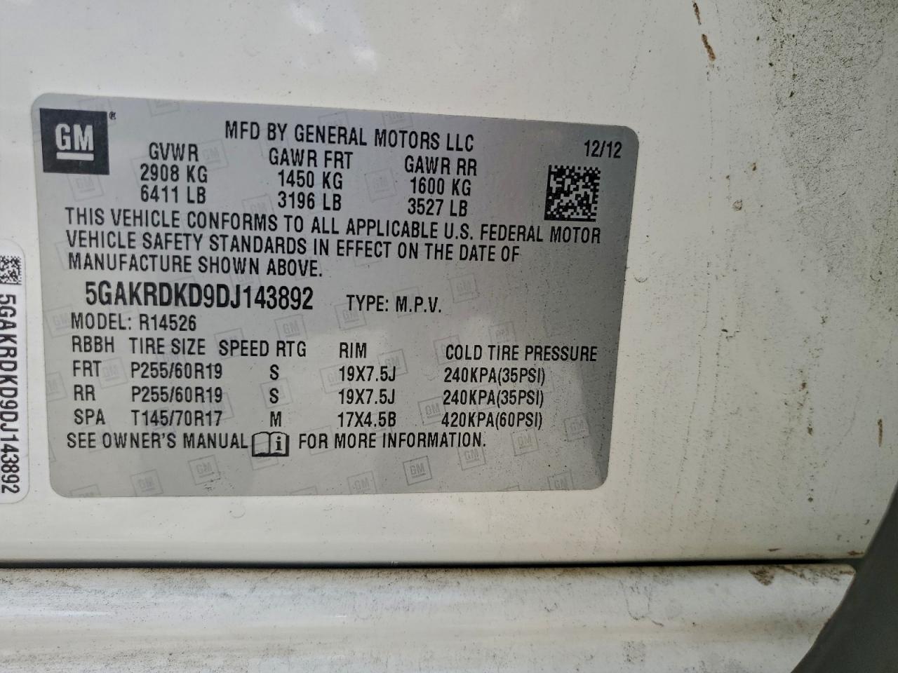 2013 Buick Enclave VIN: 5GAKRDKD9DJ143892 Lot: 94052715