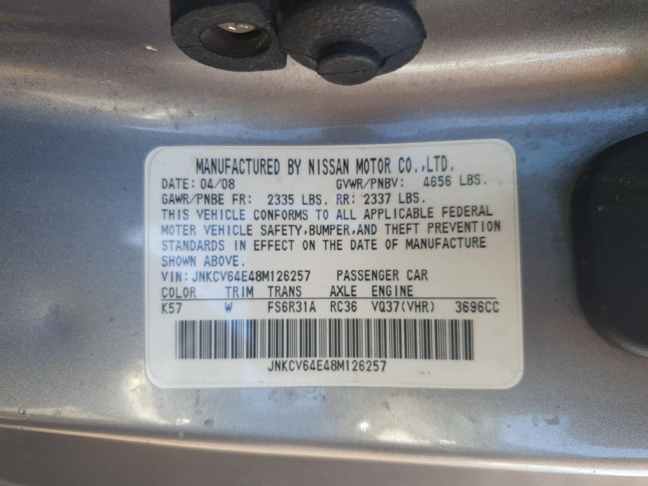 2008 Infiniti G37 Base VIN: JNKCV64E48M126257 Lot: 92937855