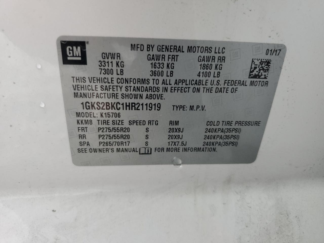 2017 GMC Yukon Slt VIN: 1GKS2BKC1HR211919 Lot: 91406045