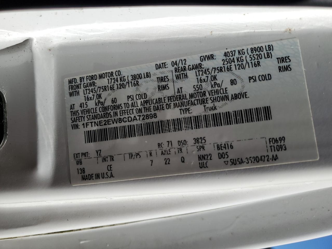 2012 Ford Econoline E250 Van VIN: 1FTNE2EW8CDA72898 Lot: 90371845