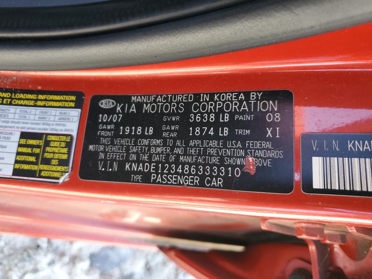 2008 Kia Rio Base VIN: KNADE123486333310 Lot: 91370295