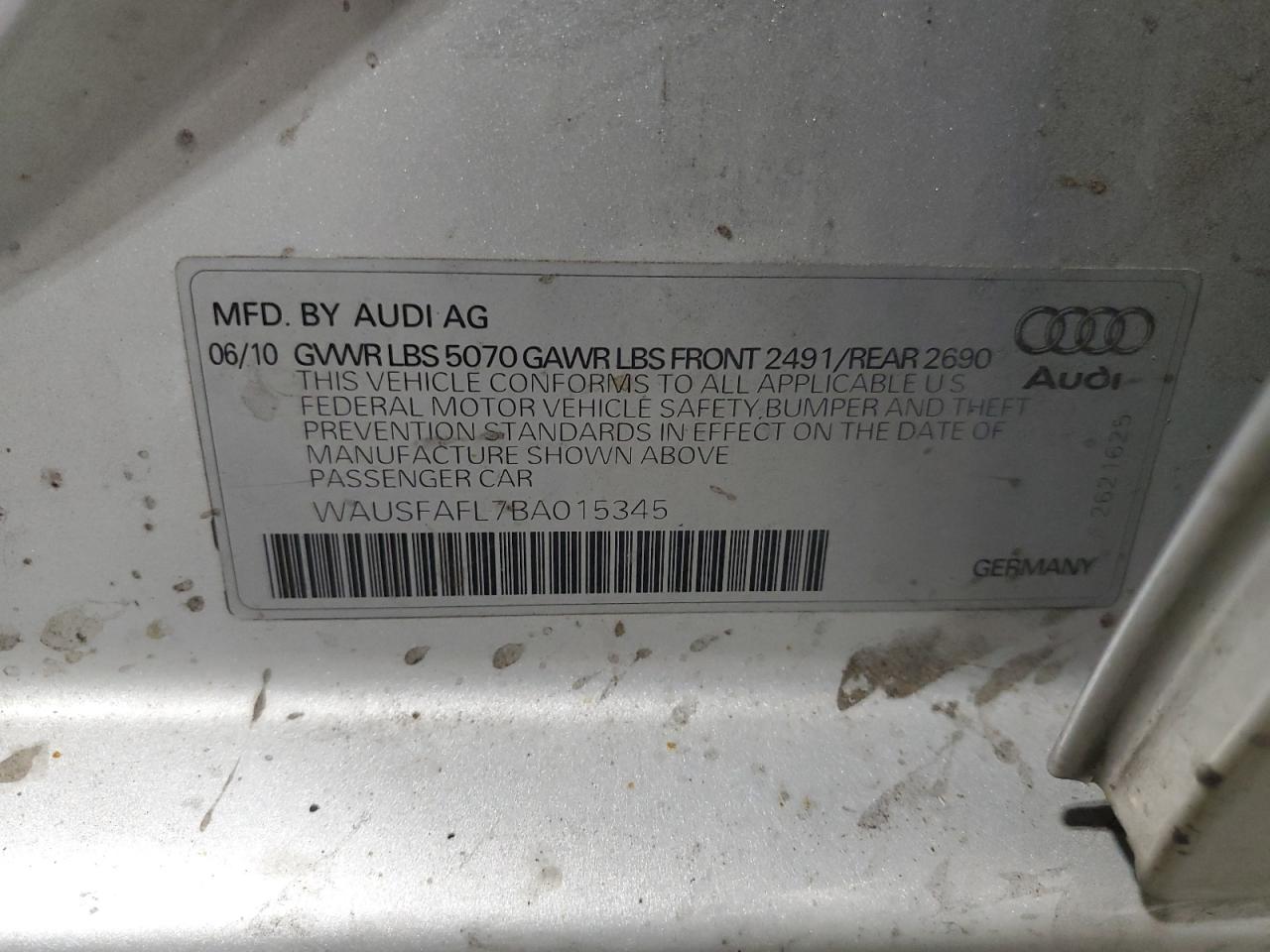 2011 Audi A4 Premium VIN: WAUSFAFL7BA015345 Lot: 91933995