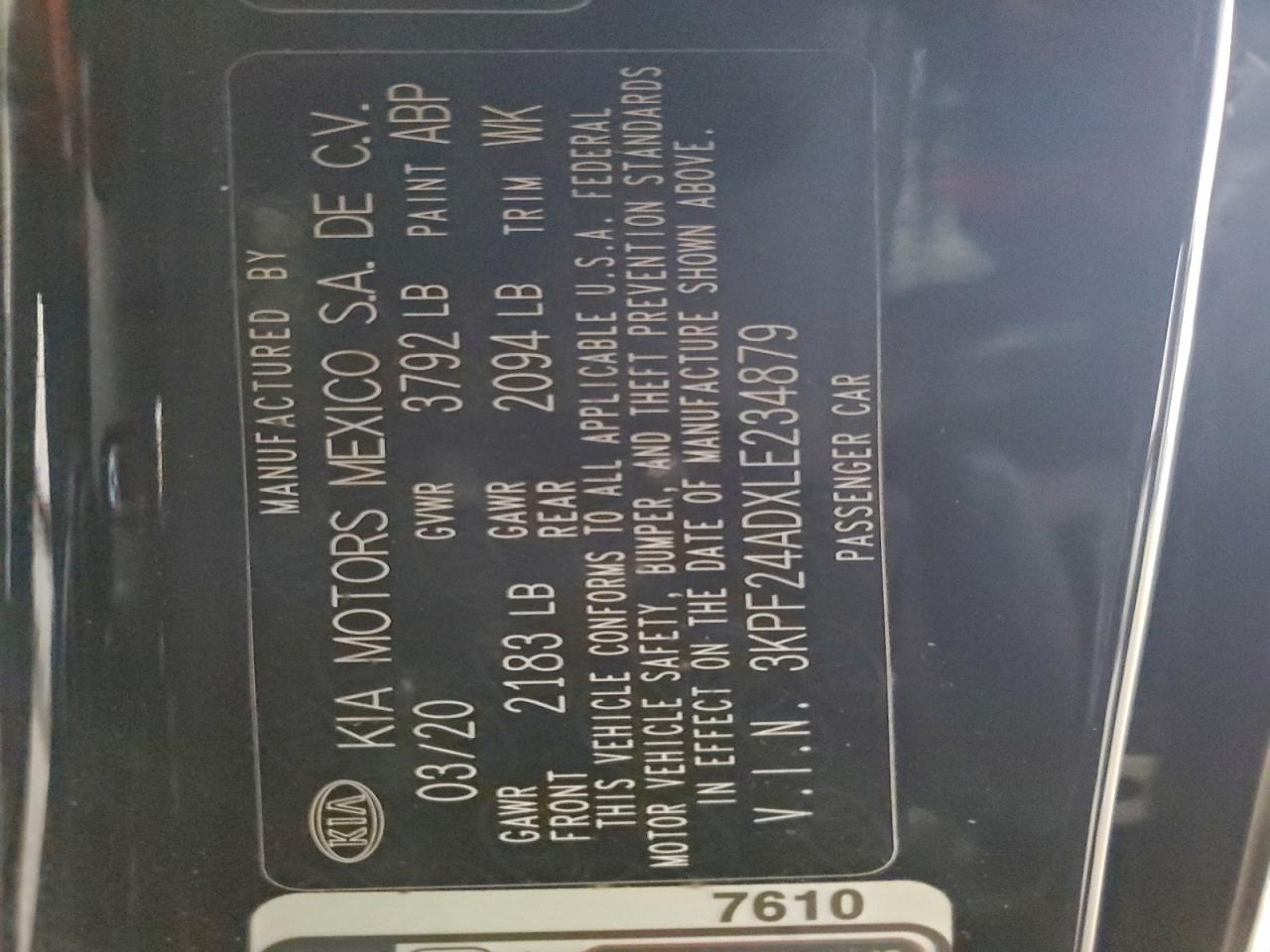 2020 Kia Forte Fe VIN: 3KPF24ADXLE234879 Lot: 94053695