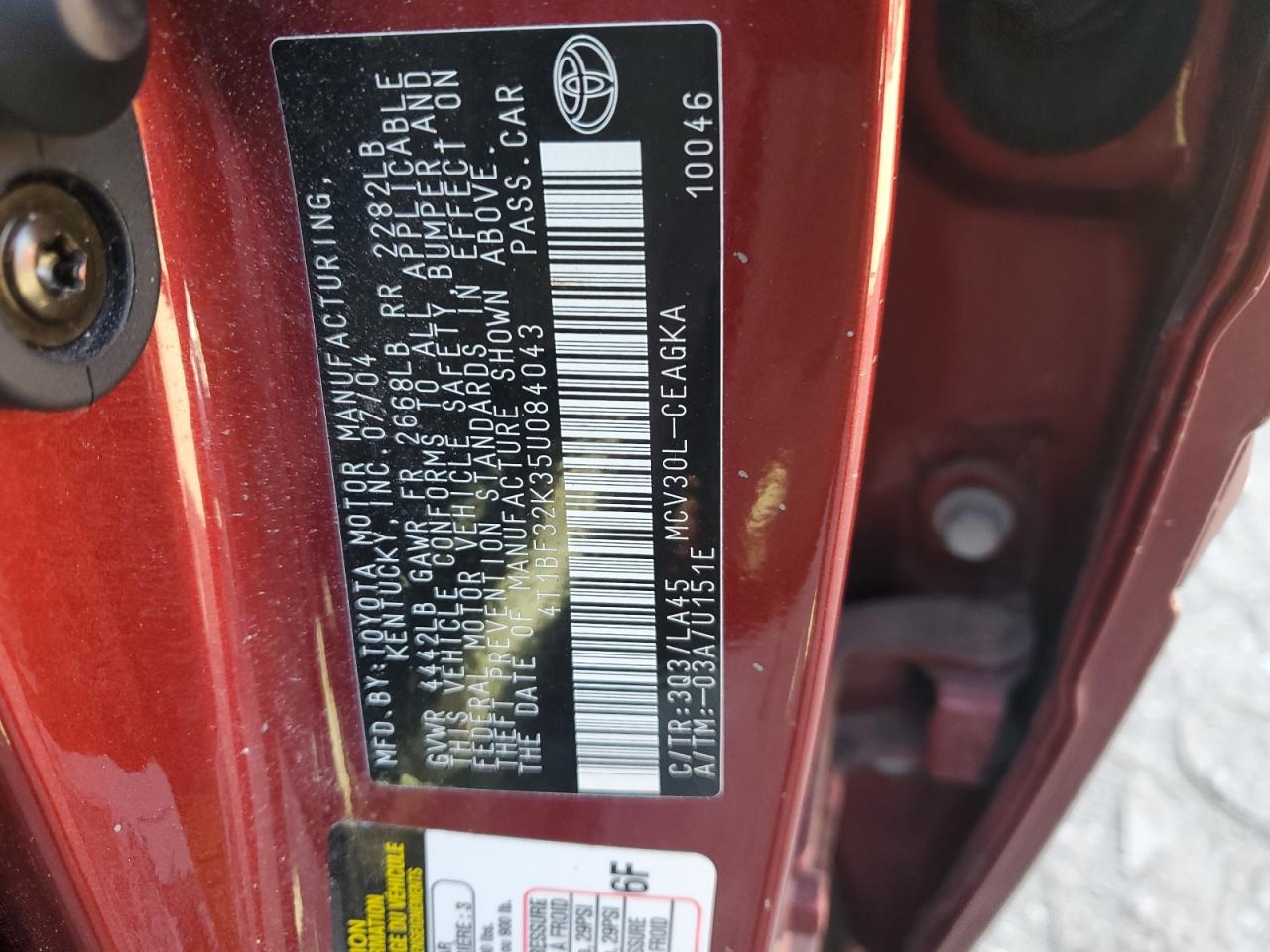 2005 Toyota Camry Le VIN: 4T1BF32K35U084043 Lot: 93120355