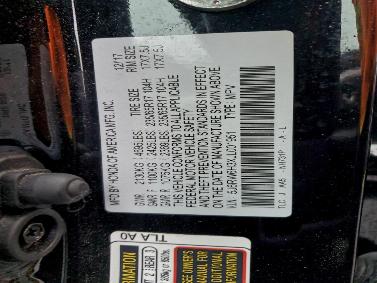 2018 Honda Cr-V Lx VIN: 5J6RW6H3XJL001951 Lot: 94751725