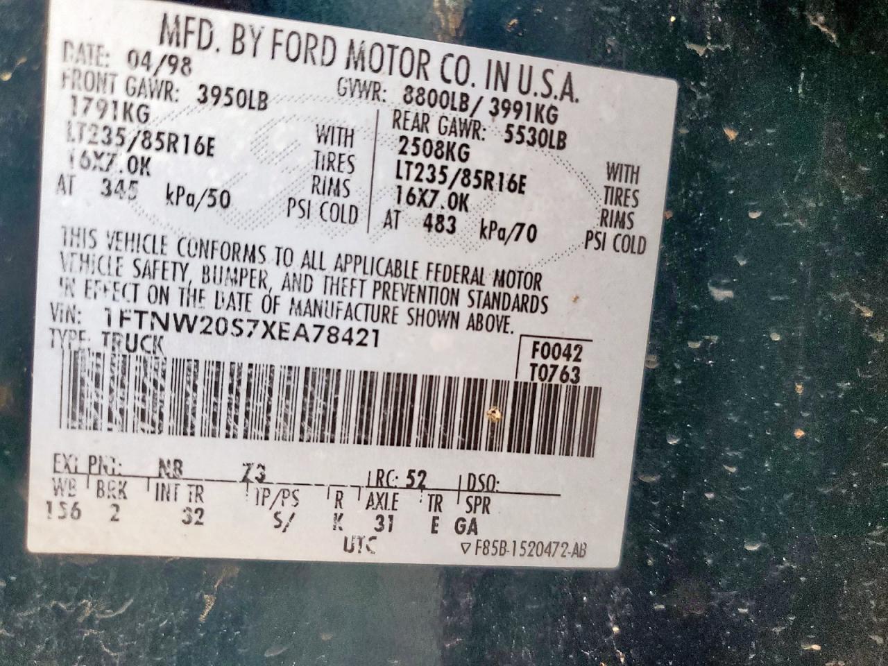 1999 Ford F250 Super Duty VIN: 1FTNW20S7XEA78421 Lot: 92613535