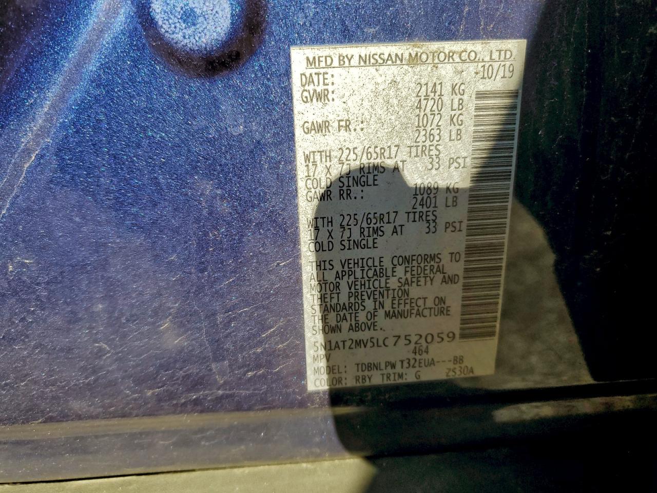 2020 Nissan Rogue S VIN: 5N1AT2MV5LC752059 Lot: 93529385