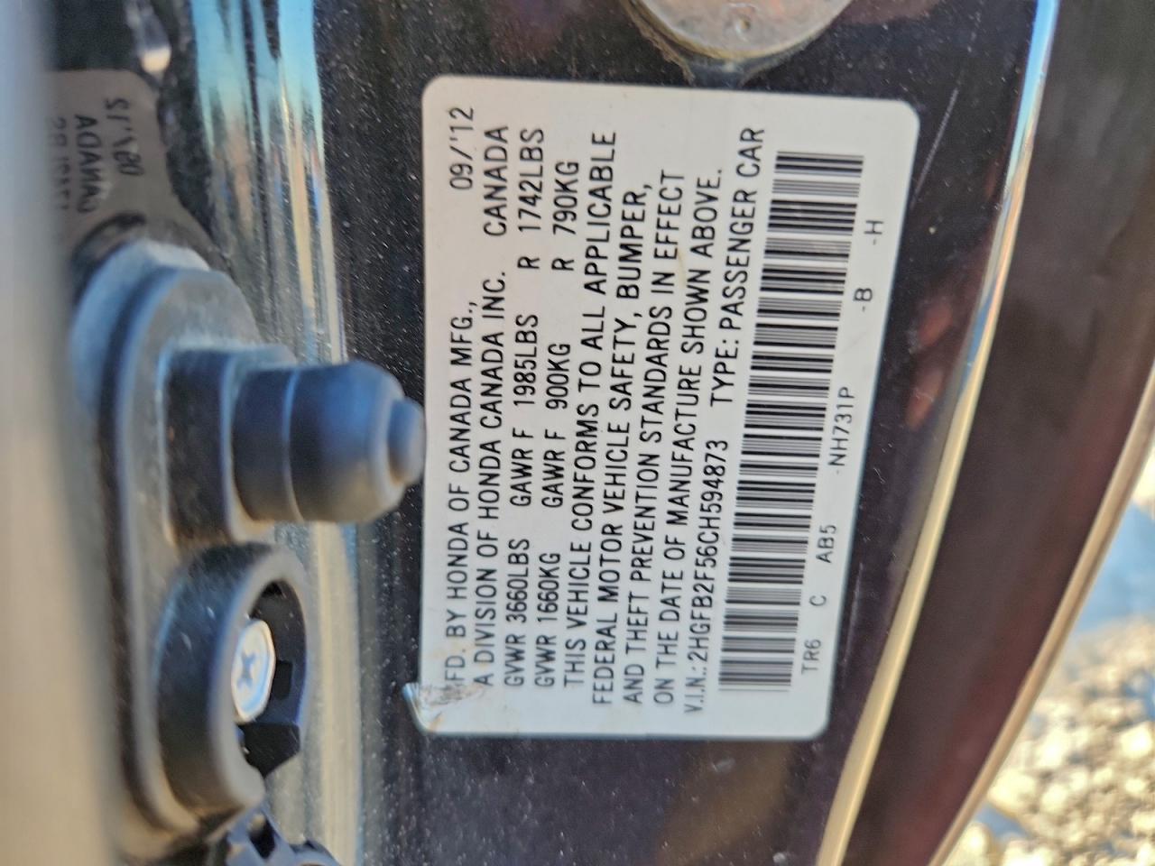 2012 Honda Civic Lx VIN: 2HGFB2F56CH594873 Lot: 94553965