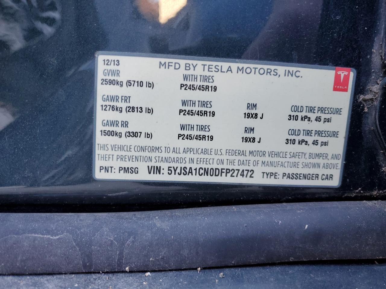 2013 Tesla Model S VIN: 5YJSA1CN0DFP27472 Lot: 90785245