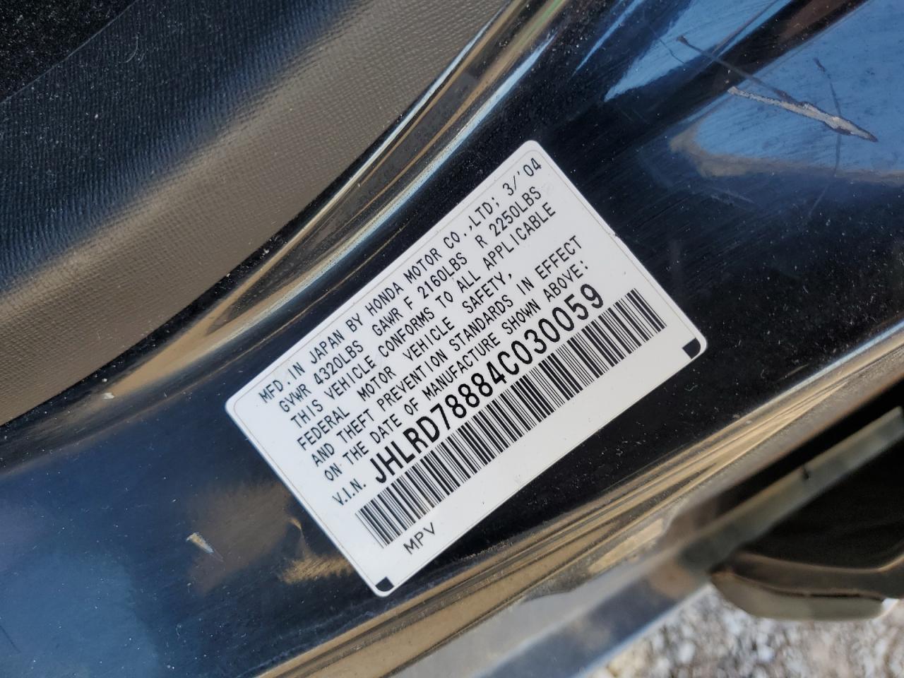 2004 Honda Cr-V Ex VIN: JHLRD78884C030059 Lot: 92744705