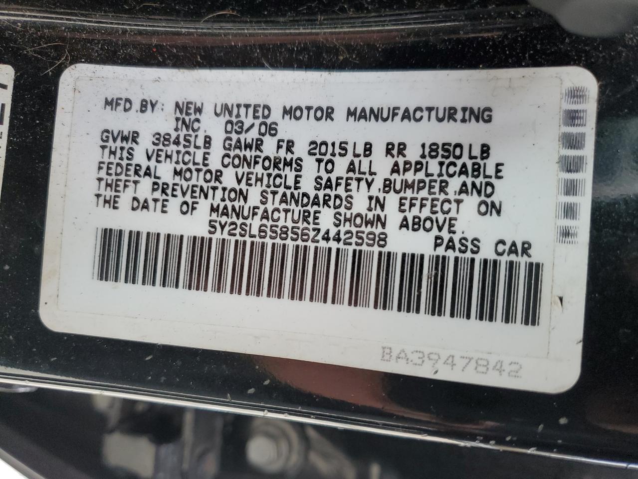 2006 Pontiac Vibe VIN: 5Y2SL65856Z442598 Lot: 91477695