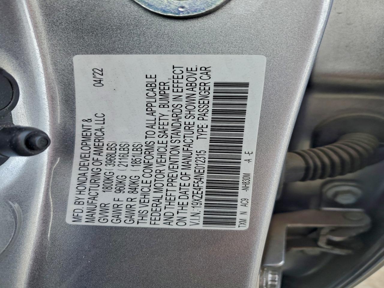 2022 Honda Insight Ex VIN: 19XZE4F54NE012315 Lot: 93955385