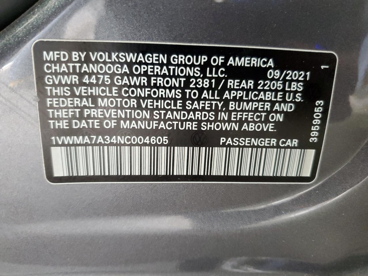 2022 Volkswagen Passat R-Line VIN: 1VWMA7A34NC004605 Lot: 92210605