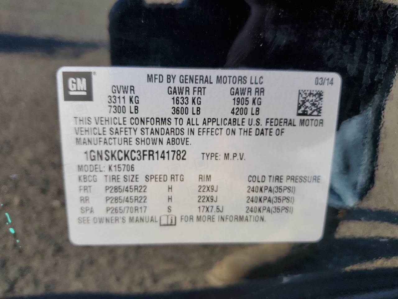 2015 Chevrolet Tahoe K1500 Ltz VIN: 1GNSKCKC3FR141782 Lot: 89855845