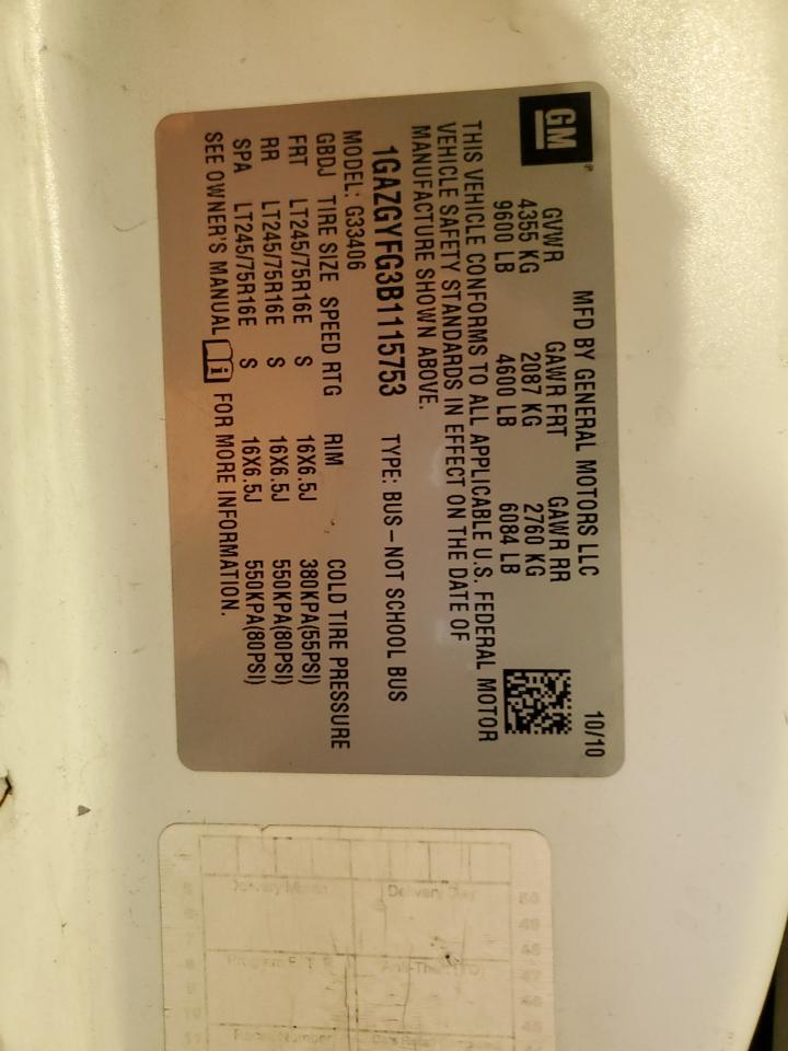 2011 Chevrolet Express G3500 Lt VIN: 1GAZGYFG3B1115753 Lot: 92291915