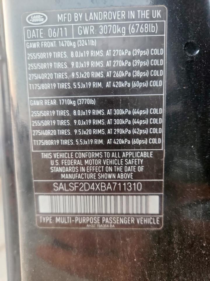 2011 Land Rover Range Rover Sport Hse VIN: SALSF2D4XBA711310 Lot: 93377465