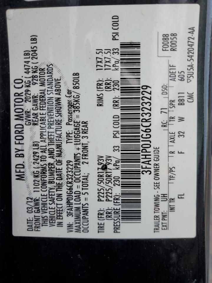 2012 Ford Fusion Sel VIN: 3FAHP0JG6CR323229 Lot: 92160215