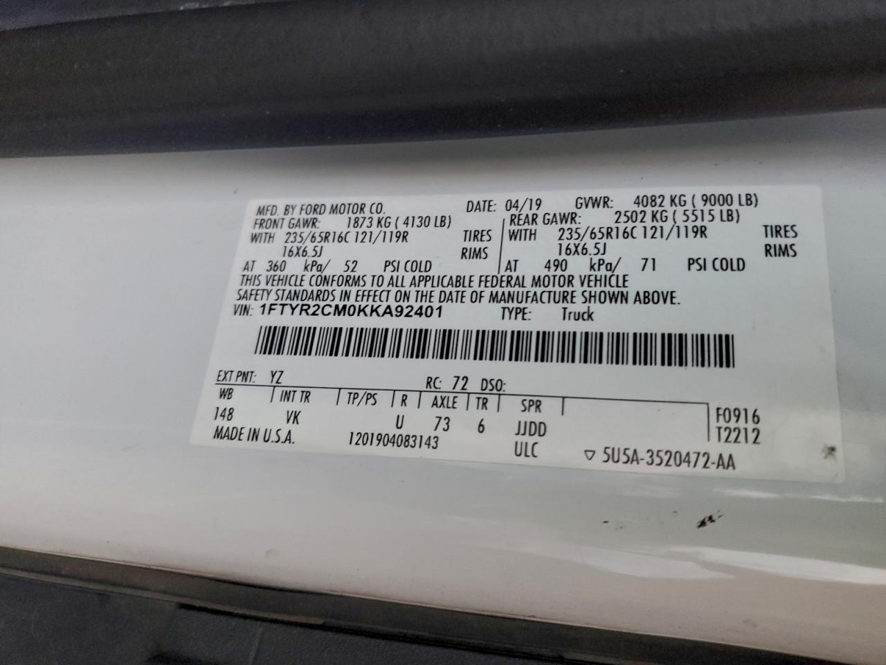 2019 Ford Transit T-250 VIN: 1FTYR2CM0KKA92401 Lot: 93664875