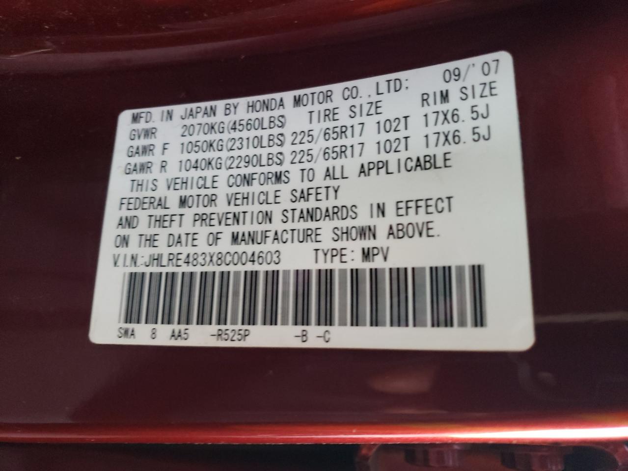 2008 Honda Cr-V Lx VIN: JHLRE483X8C004603 Lot: 92828775
