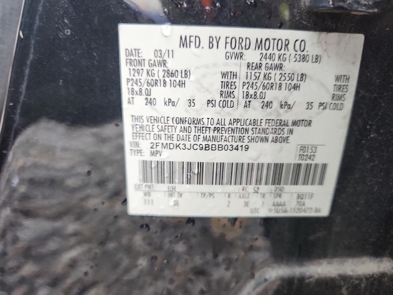 2011 Ford Edge Sel VIN: 2FMDK3JC9BBB03419 Lot: 91850325